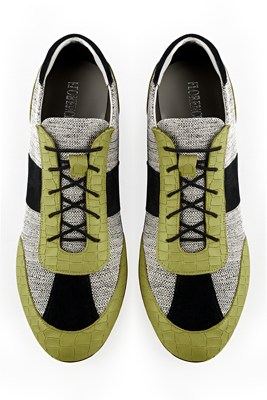 Basket homme habillée : Sneaker urbain tricolore couleur vert pistache, gris cendre et noir mat. Semelle fine. Doublure cuir. Vue du dessus - Florence KOOIJMAN