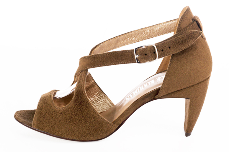 Sandale femme : Sandale soirées et cérémonies couleur marron caramel. Bout rond. Talon haut virgule. Vue de profil - Florence KOOIJMAN