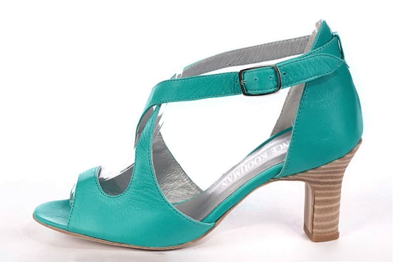Sandale femme : Sandale soirées et cérémonies couleur bleu lagon. Bout rond. Talon haut trotteur. Vue de profil - Florence KOOIJMAN