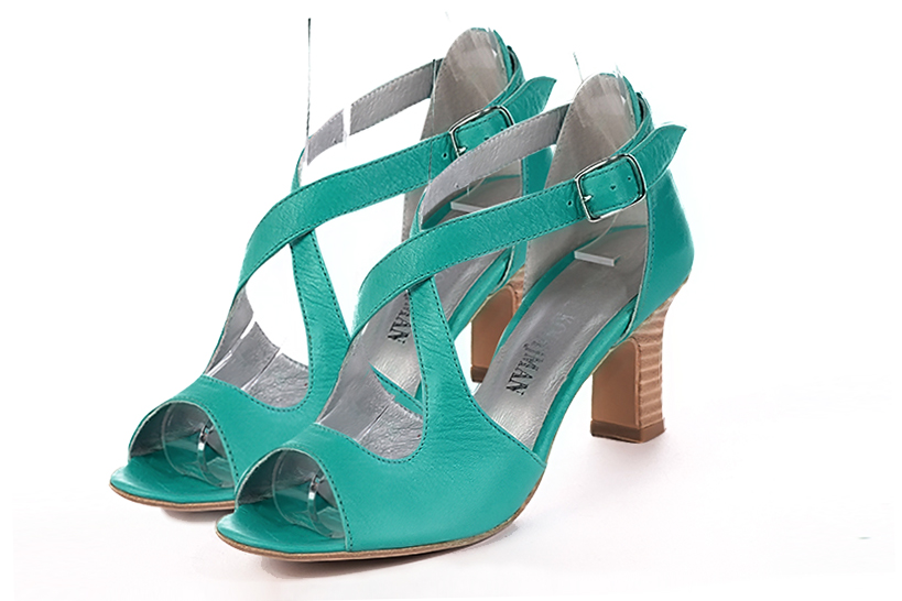 Sandale femme : Sandale soirées et cérémonies couleur bleu lagon. Bout rond. Talon haut trotteur Vue avant - Florence KOOIJMAN