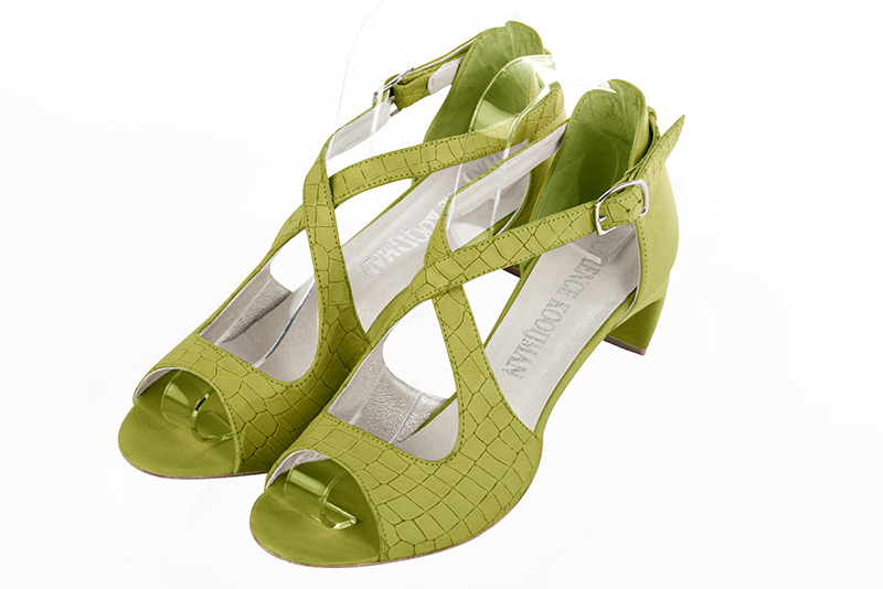 Sandale femme : Sandale soirées et cérémonies couleur vert pistache. Bout rond. Petit talon virgule Vue avant - Florence KOOIJMAN