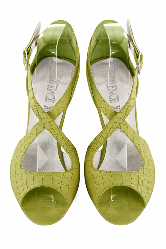 Sandale femme : Sandale soirées et cérémonies couleur vert pistache. Bout rond. Petit talon virgule. Vue du dessus - Florence KOOIJMAN