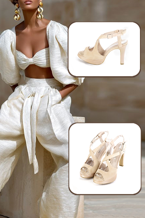 Sandales habillées femme brides croisées arrière ouvert cuir blanc ivoire et or à  et  - Vue du dessus