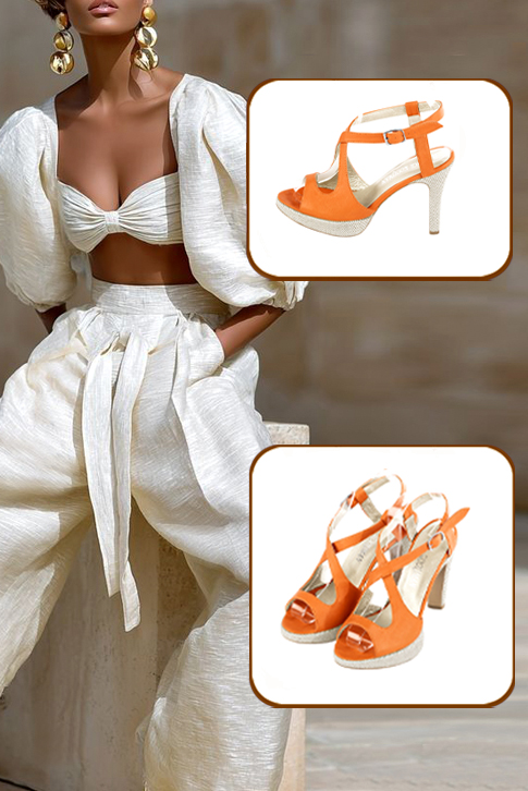 Sandales habillées femme brides croisées arrière ouvert cuir orange abricot à talon fin de 10.5 cm avec une plateforme de 2 cm à l'avant et bout rond - Vue porté