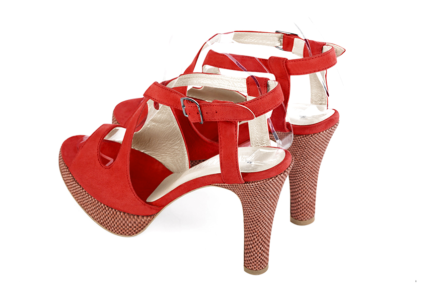 Sandales habillées femme brides croisées arrière ouvert cuir rouge coquelicot à talon fin de 10.5 cm avec une plateforme de 2 cm à l'avant et bout rond - Vue arrière