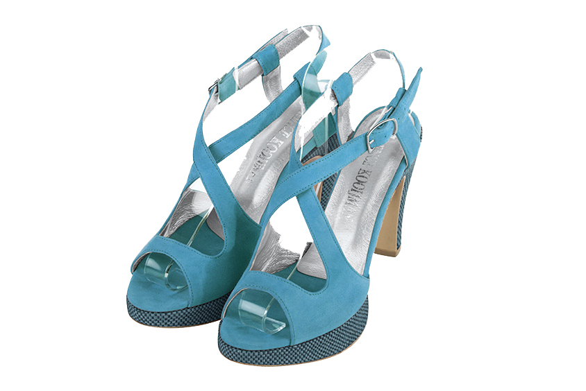 Sandales habillées femme brides croisées arrière ouvert cuir bleu canard à talon fin de 10.5 cm avec une plateforme de 2 cm à l'avant et bout rond - Vue avant