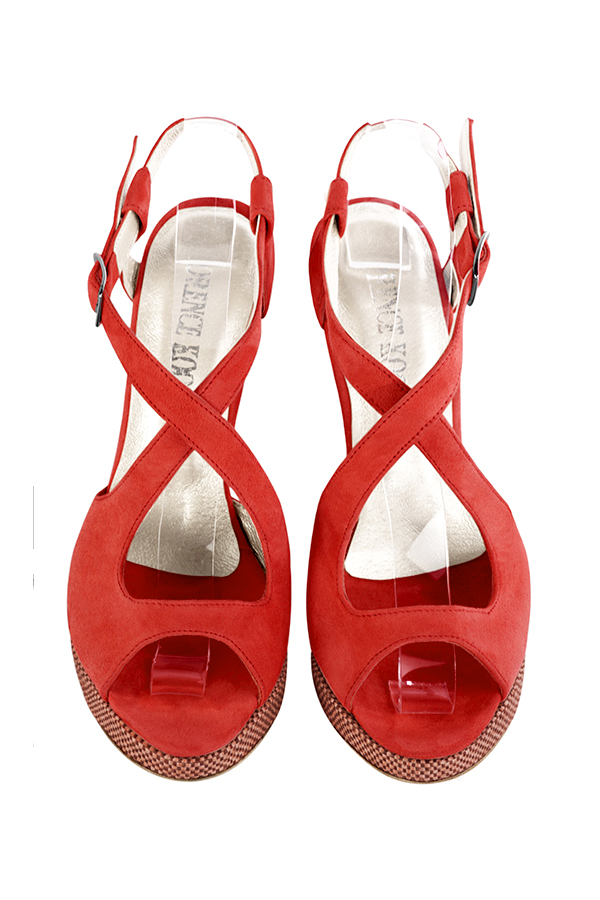 Sandales habillées femme brides croisées arrière ouvert cuir rouge coquelicot à talon fin de 10.5 cm avec une plateforme de 2 cm à l'avant et bout rond - Vue du dessus