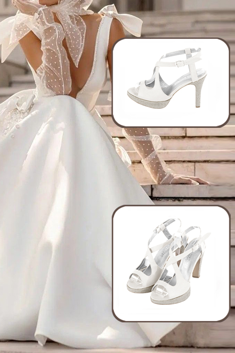 Sandales habillées femme brides croisées arrière ouvert cuir blanc pur à talon fin de 10.5 cm avec une plateforme de 2 cm à l'avant et bout rond - Vue porté