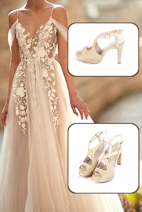 Sandales habillées femme brides croisées arrière ouvert cuir blanc ivoire et or à  et  - Vue porté