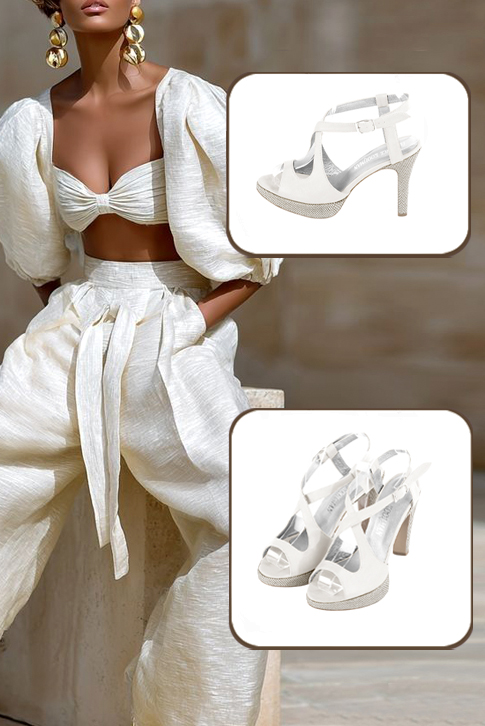 Sandales habillées femme brides croisées arrière ouvert cuir blanc pur à talon fin de 10.5 cm avec une plateforme de 2 cm à l'avant et bout rond - Vue du dessus