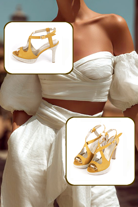 Sandales habillées femme brides croisées arrière ouvert cuir jaune ocre à talon fin de 10.5 cm avec une plateforme de 2 cm à l'avant et bout rond - Vue porté