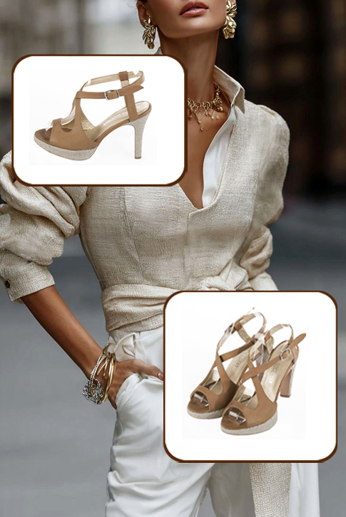 Sandales habillées femme brides croisées arrière ouvert cuir beige camel à talon fin de 10.5 cm avec une plateforme de 2 cm à l'avant et bout rond - Vue porté