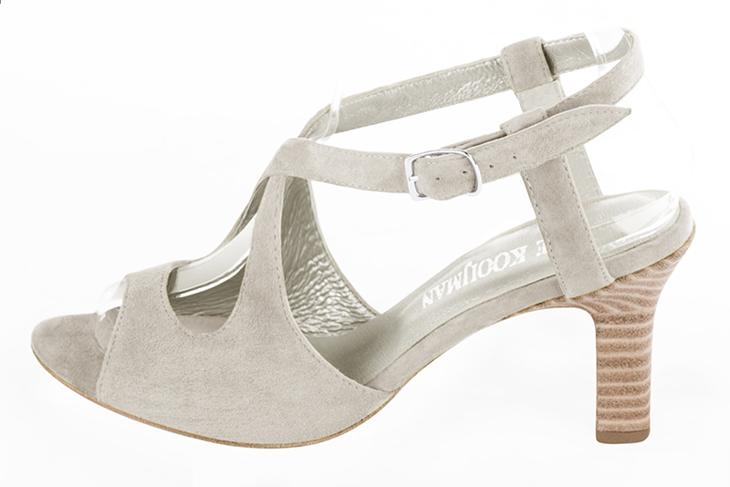 Sandale femme : Sandale soirées et cérémonies couleur blanc cassé. Bout rond. Talon haut trotteur. Vue de profil - Florence KOOIJMAN