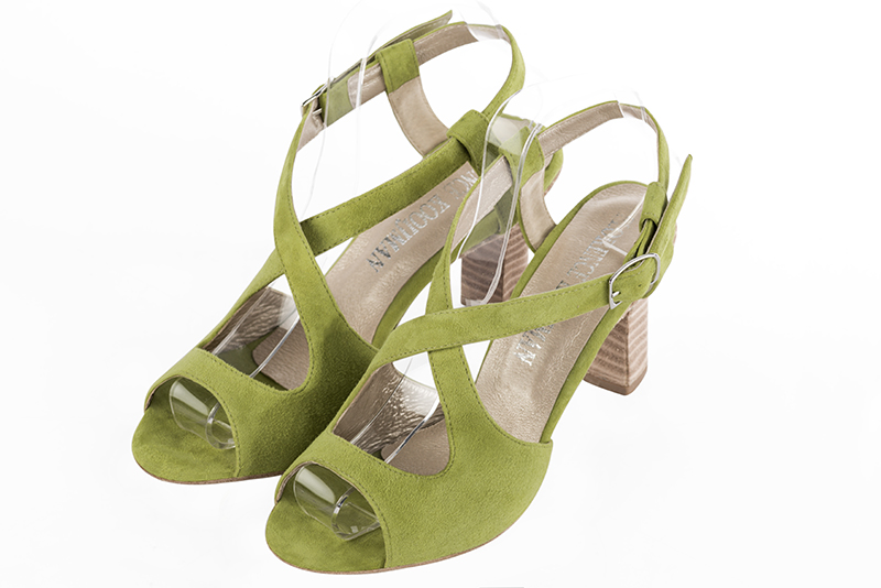 Sandale femme : Sandale soirées et cérémonies couleur vert pistache. Bout rond. Talon haut trotteur Vue avant - Florence KOOIJMAN