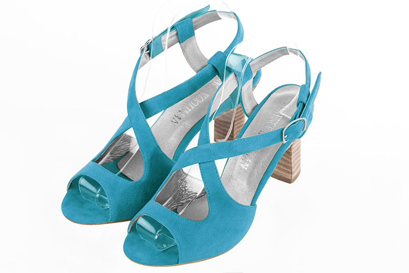 Sandale femme : Sandale soirées et cérémonies couleur bleu turquoise. Bout rond. Talon haut trotteur Vue avant - Florence KOOIJMAN