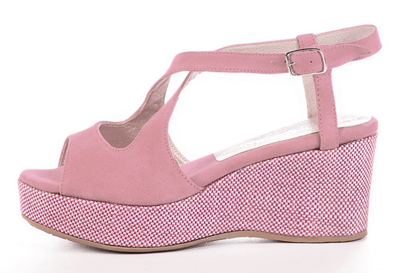 Sandale femme : Sandale soirées et cérémonies couleur rose camélia. Bout rond. Semelle compensée talon mi-haut. Vue de profil - Florence KOOIJMAN