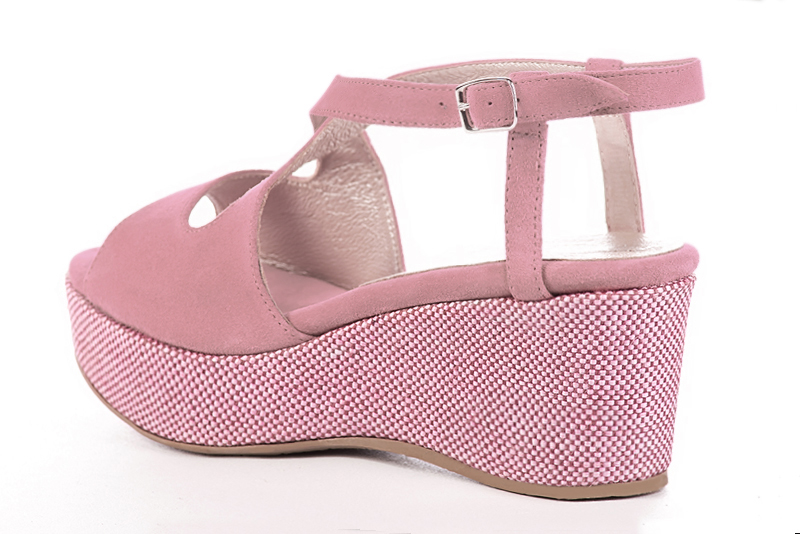 Sandale femme : Sandale soirées et cérémonies couleur rose camélia. Bout rond. Semelle compensée talon mi-haut. Vue arrière - Florence KOOIJMAN