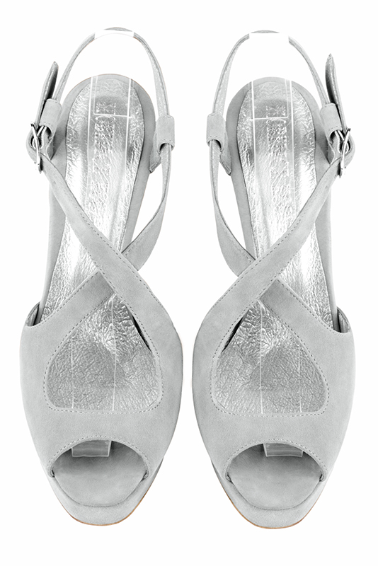 Sandale femme : Sandale soirées et cérémonies couleur gris perle. Bout rond. Talon très haut fin. Plateforme à l'avant. Vue du dessus - Florence KOOIJMAN