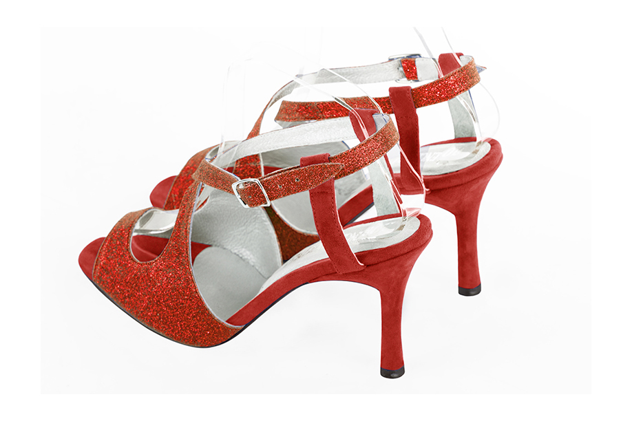 Sandales habillées femme brides croisées arrière ouvert cuir rouge coquelicot et rouge carmin à talon fin de 8.5 cm et bout rond - Vue arrière