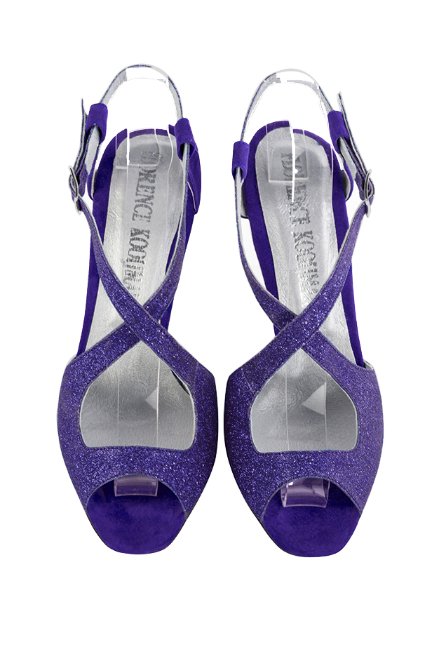 Sandales habillées femme brides croisées arrière ouvert cuir violet outremer et violet améthyste à talon fin de 8.5 cm et bout rond - Vue du dessus