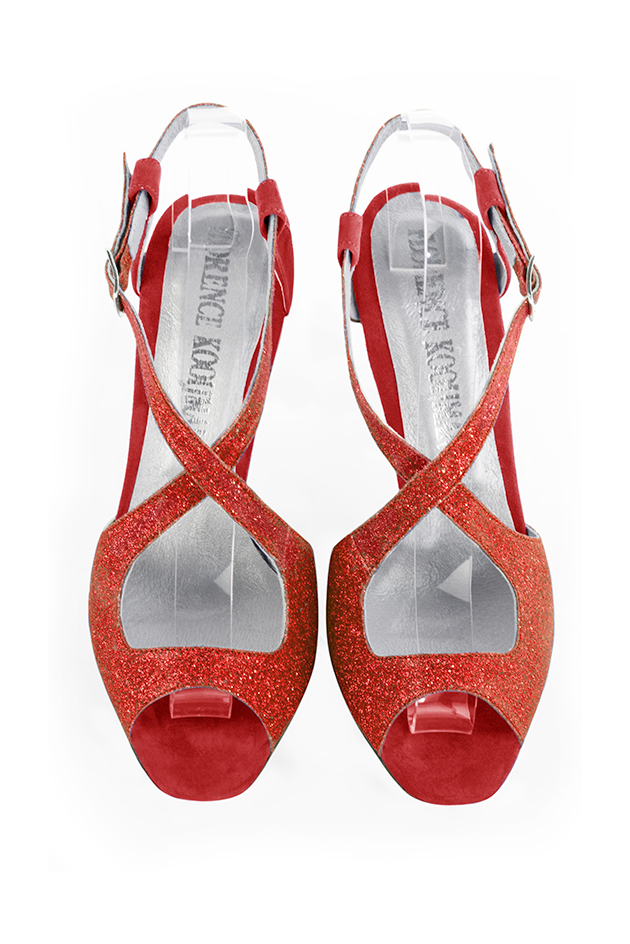 Sandales habillées femme brides croisées arrière ouvert cuir rouge coquelicot et rouge carmin à talon fin de 8.5 cm et bout rond - Vue du dessus