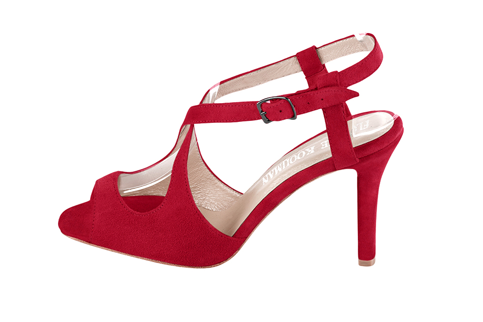 Sandales habillées femme brides croisées arrière ouvert cuir rouge carmin à talon fin de 8.5 cm et bout rond - Vue de profil