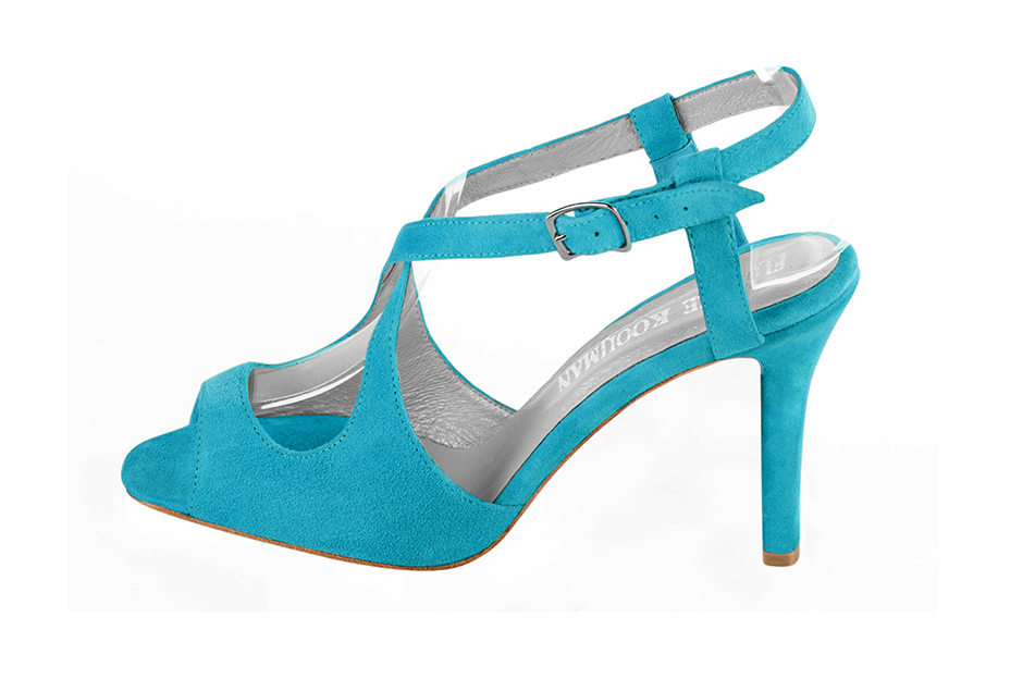 Sandales habillées femme brides croisées arrière ouvert cuir bleu turquoise à talon fin de 8.5 cm et bout rond - Vue de profil