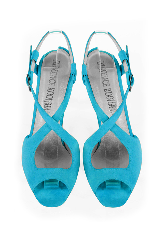 Sandales habillées femme brides croisées arrière ouvert cuir bleu turquoise à talon fin de 8.5 cm et bout rond - Vue du dessus