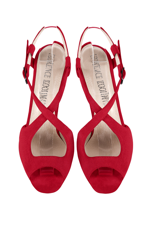 Sandales habillées femme brides croisées arrière ouvert cuir rouge carmin à talon fin de 8.5 cm et bout rond - Vue du dessus