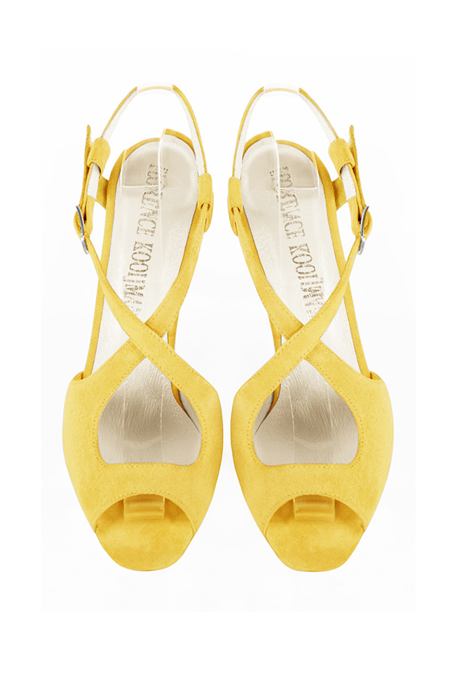 Sandales habillées femme brides croisées arrière ouvert cuir jaune à talon fin de 8.5 cm et bout rond - Vue du dessus