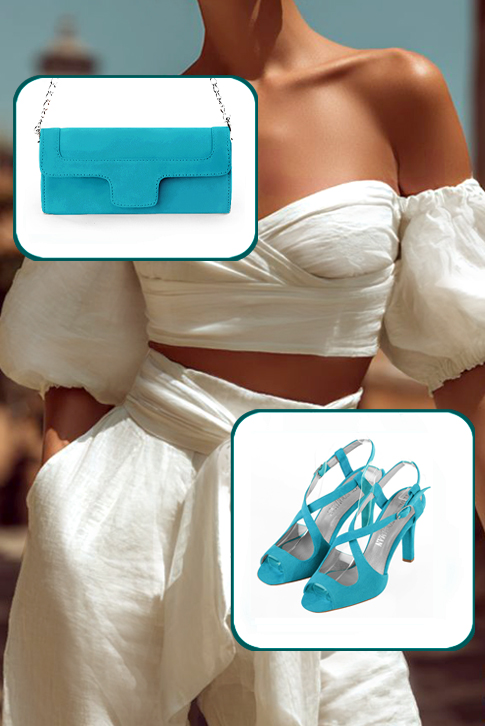 Sandales habillées femme brides croisées arrière ouvert cuir bleu turquoise à talon fin de 8.5 cm et bout rond - Vue porté