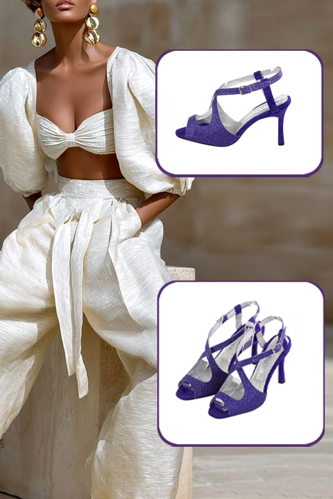 Sandales habillées femme brides croisées arrière ouvert cuir violet outremer et violet améthyste à talon fin de 8.5 cm et bout rond - Vue du dessus