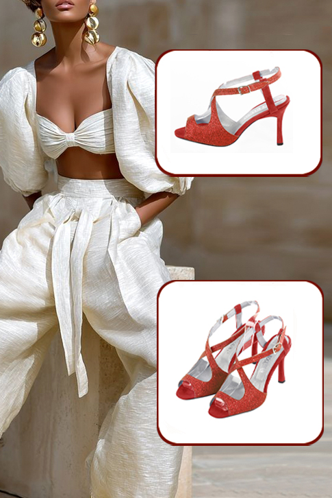 Sandales habillées femme brides croisées arrière ouvert cuir rouge coquelicot et rouge carmin à talon fin de 8.5 cm et bout rond - Vue porté
