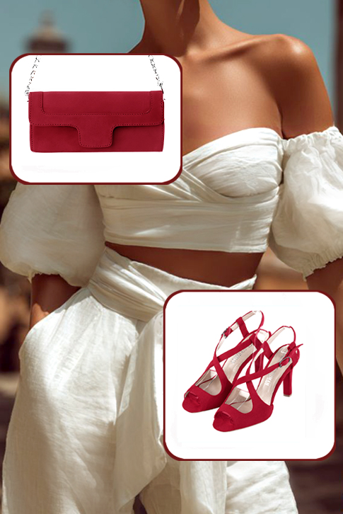 Sandales habillées femme brides croisées arrière ouvert cuir rouge carmin à talon fin de 8.5 cm et bout rond - Vue porté
