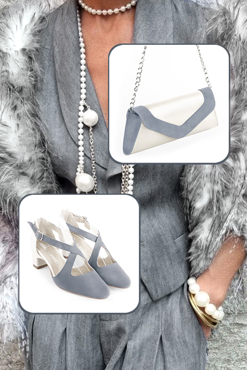 Chaussures brides croisées femme ouvertes sur les côtés gris souris et blanc pur. Bout rond. Talon trotteur de 4.5 cm - Vue du dessus