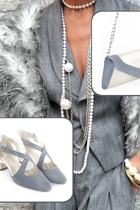 Chaussures habillées, élégantes et raffinées, ouvertes sur les côtés, avec des brides croisées, coloris gris souris et blanc cassé. Bout rond. Mi-haut. Talon trotteur. Cérémonie, soirée, cocktail, évènementiel. Personnalisation : Choix des cuirs, 
                des couleurs et des talons. Petites et grandes pointures. - Florence KOOIJMAN