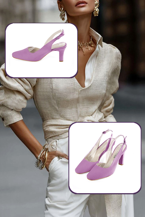 Escarpins habillés bride arrière violet mauve à talon trotteur de 8 cm et bout rond - Vue porté