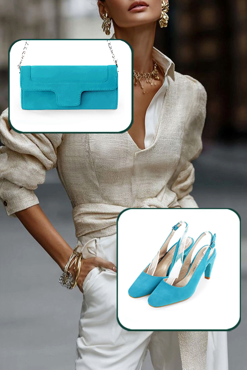 Escarpins habillés bride arrière cuir bleu turquoise à talon fin de 7.5 cm et bout rond - Vue porté
