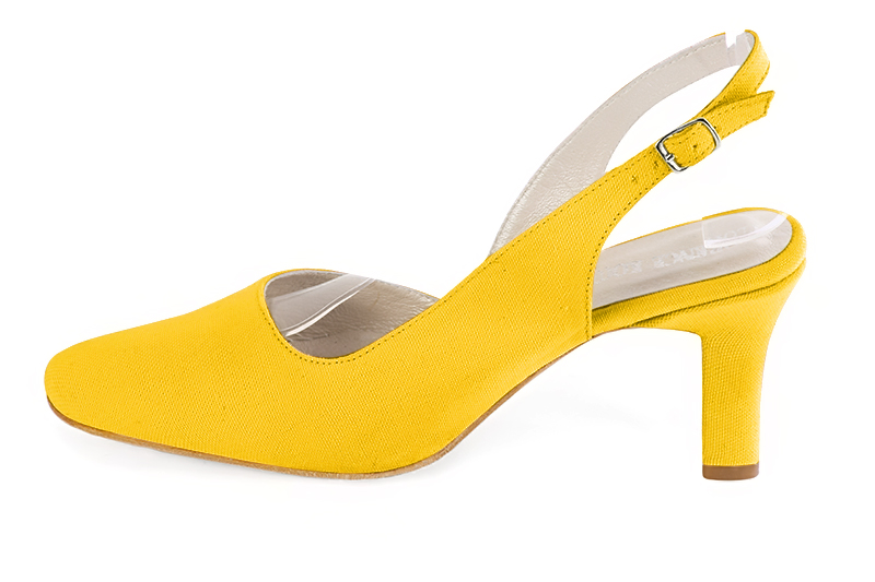 Chaussure femme à brides :  couleur jaune soleil. Bout rond. Talon haut trotteur. Vue de profil - Florence KOOIJMAN