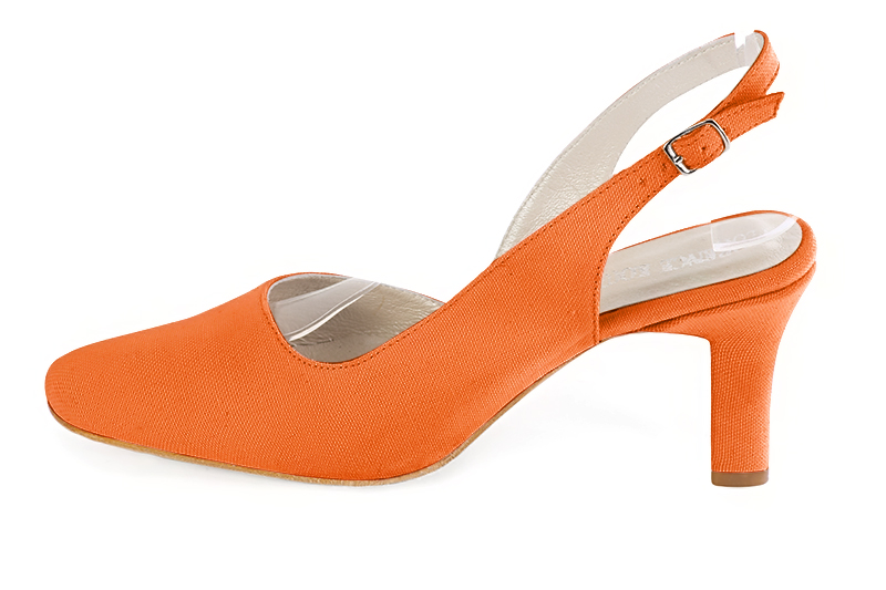 Chaussure femme à brides :  couleur orange clémentine. Bout rond. Talon haut trotteur. Vue de profil - Florence KOOIJMAN