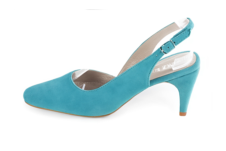 Escarpins bride arrière bleu turquoise. Bout rond. Talon fin de 7.5 cm - Vue de profil