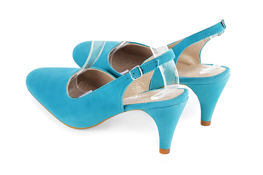 Escarpins habillés bride arrière cuir bleu turquoise à talon fin de 7.5 cm et bout rond - Vue arrière