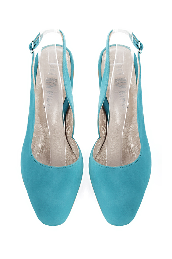Escarpins bride arrière bleu turquoise. Bout rond. Talon fin de 7.5 cm - Vue du dessus