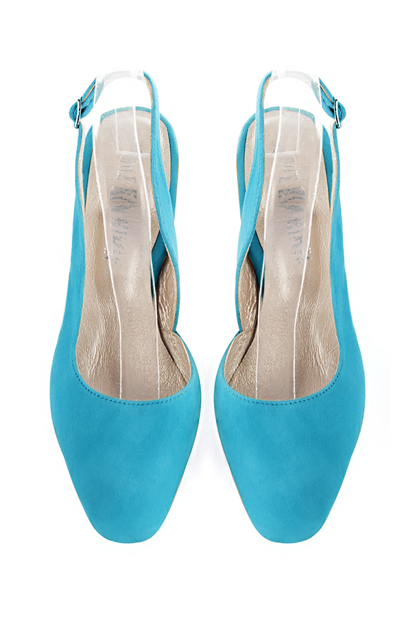 Escarpins habillés bride arrière cuir bleu turquoise à talon fin de 7.5 cm et bout rond - Vue du dessus