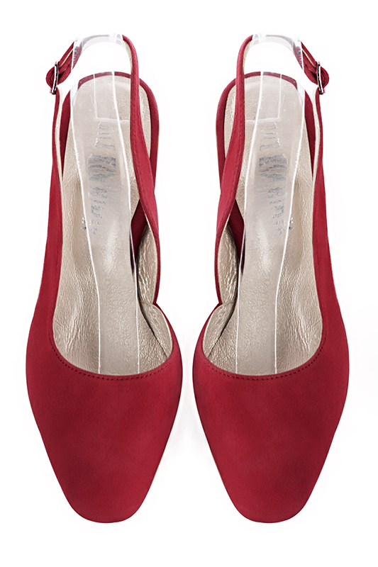 Chaussure femme à brides :  couleur rouge carmin. Bout rond. Talon haut fin. Vue du dessus - Florence KOOIJMAN