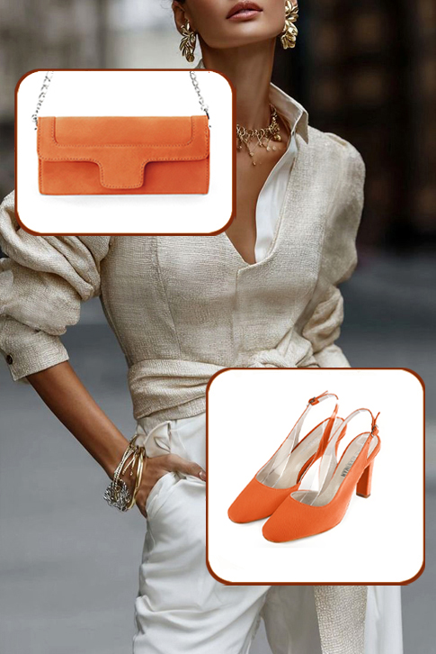 Escarpins habillés bride arrière orange clémentine à talon trotteur de 8 cm et bout rond - Vue porté