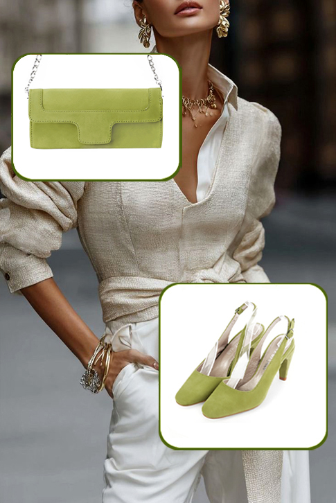 Escarpins habillés bride arrière cuir vert pistache à talon fin de 7.5 cm et bout rond - Vue porté