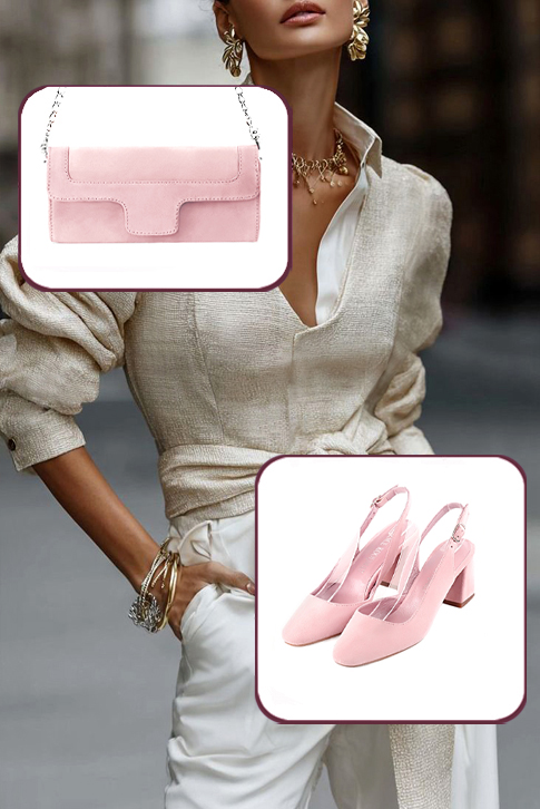 Escarpins habillés bride arrière cuir rose pâle à talon évasé de 6 cm et bout rond - Vue porté