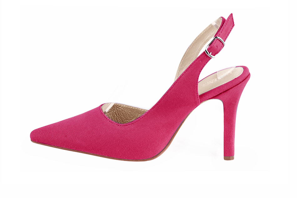 Chaussure femme à brides :  couleur rose fuchsia. Bout pointu. Talon très haut fin. Vue de profil - Florence KOOIJMAN