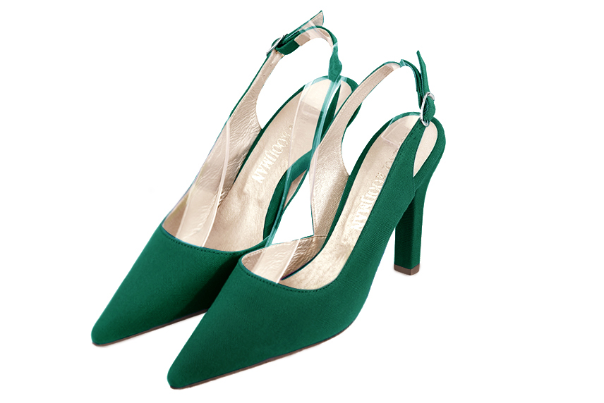 Chaussure femme à brides :  couleur vert émeraude. Bout pointu. Talon très haut fin Vue avant - Florence KOOIJMAN